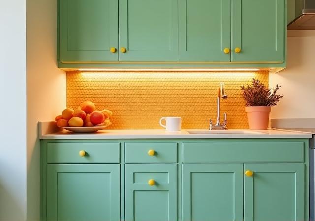 Colorful kitchen makeover on Carroll Street using low-cost paint techniques