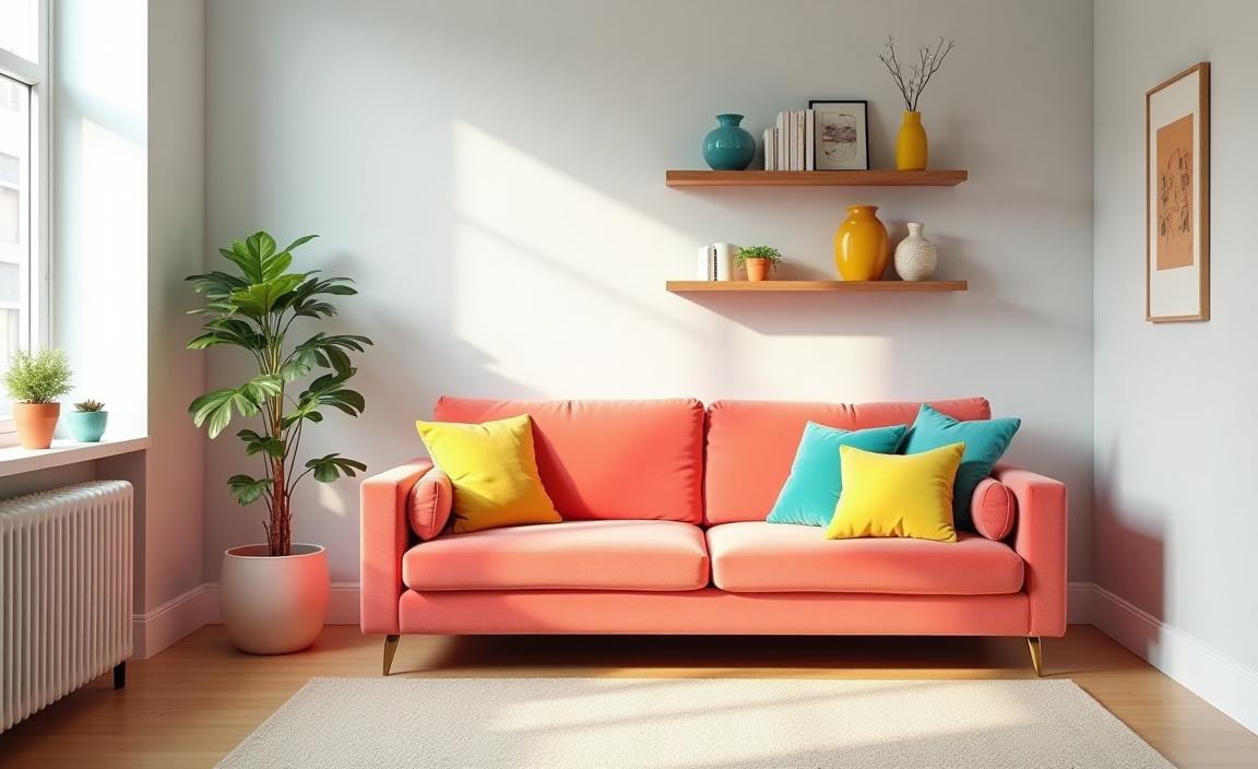 Bright and colourful NYC living room with DIY decor and smart space planning