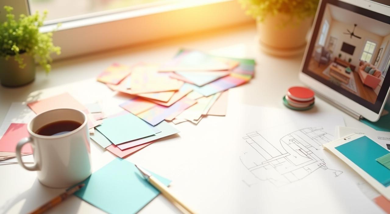 Bright and happy interior design workspace with color swatches and creative mood boards